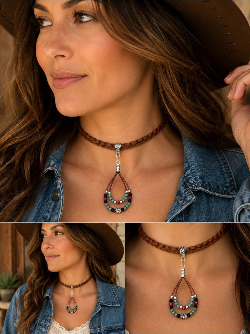 Hand Crafted Braided Brown Leather Choker Necklace Multicolor Beaded Pendant